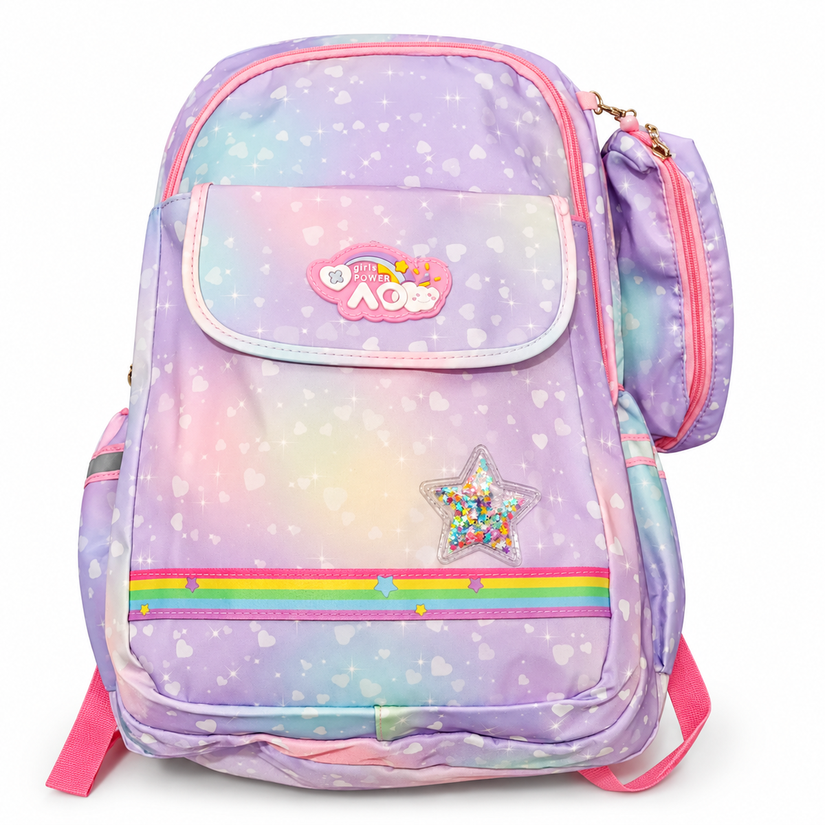 Girls Power Pastel Rainbow School Backpack with Pencil Case