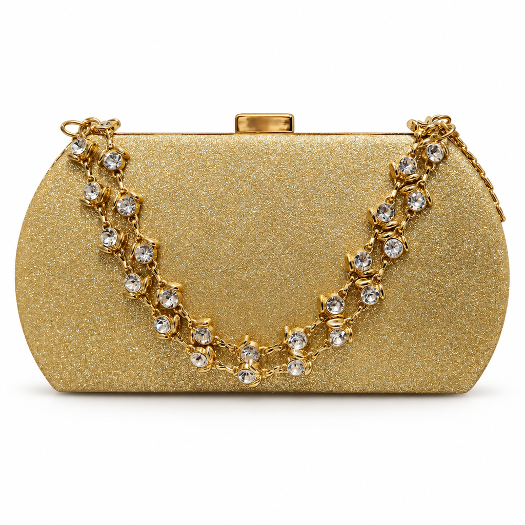 Gold Glitter Evening Clutch Bag with Crystal Chain