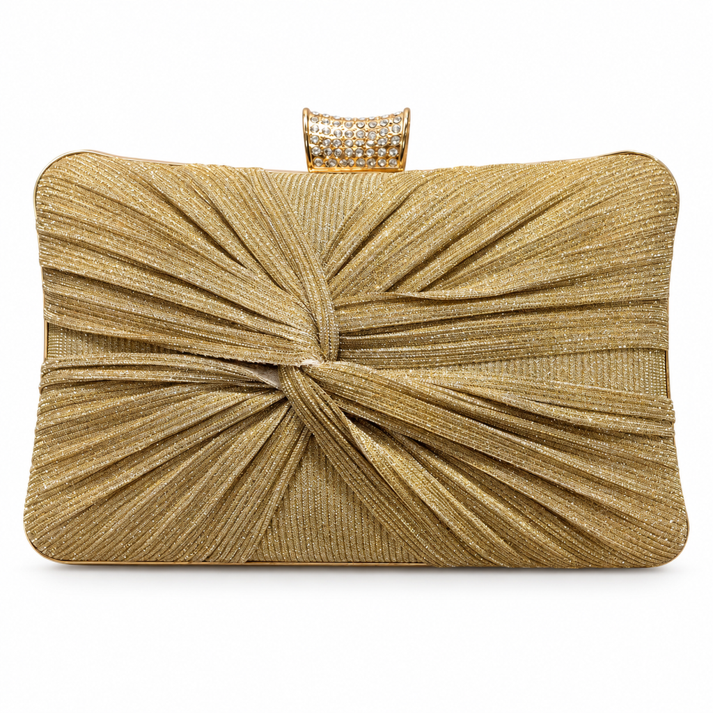 Gold Pleated Bow Evening Clutch Bag