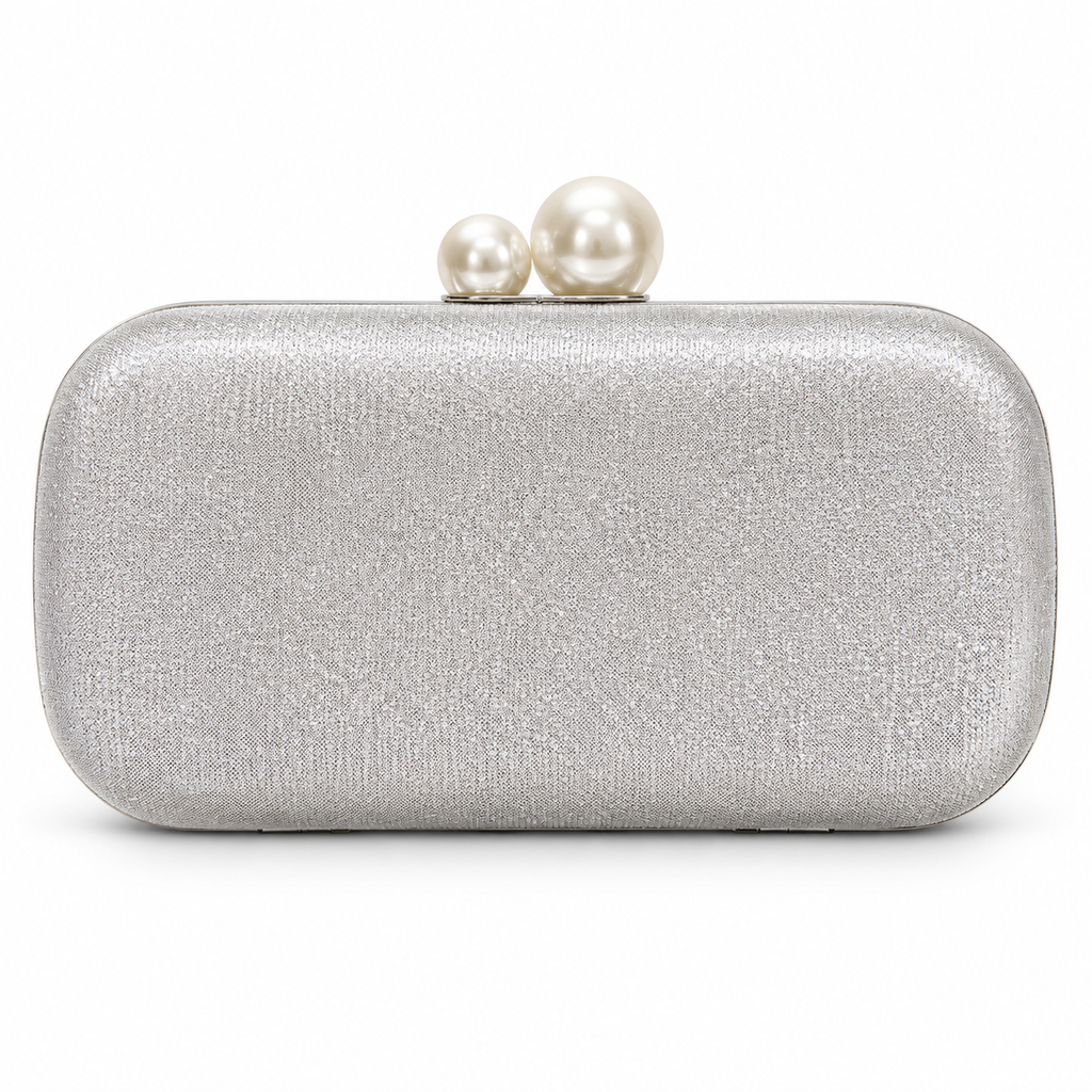 Silver Pearl-Embellished Evening Clutch Bag