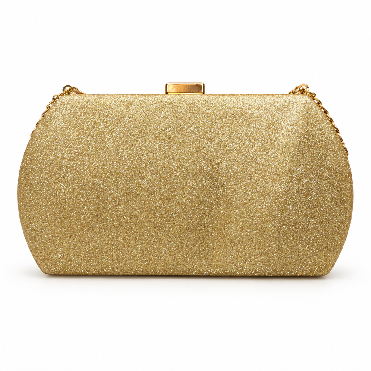 Gold Glitter Evening Clutch Bag with Crystal Chain