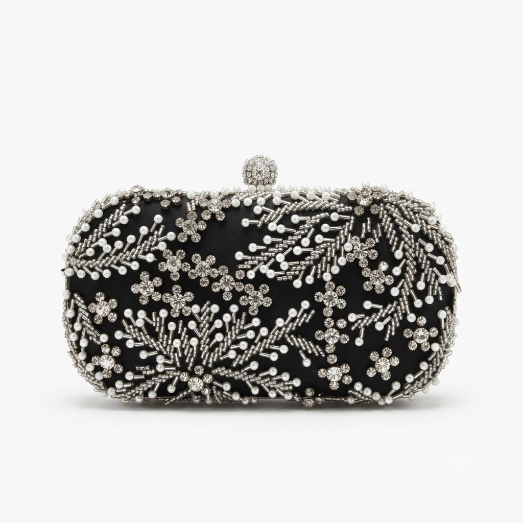 Black Crystal Floral Embellished Evening Clutch Bag